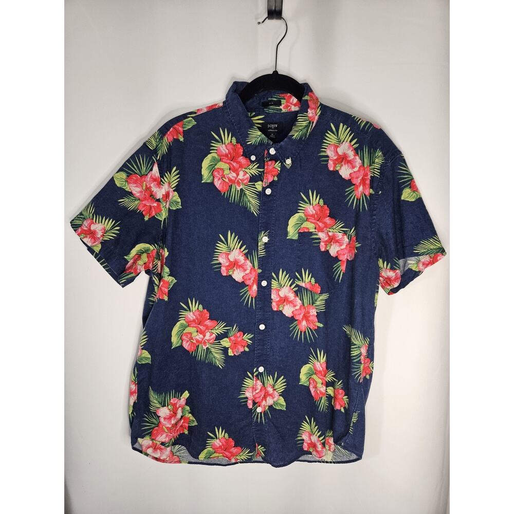 J Crew Flex Washed Slim Hawaiian Shirt Floral Blue Pink Mens XL Cotton Linen